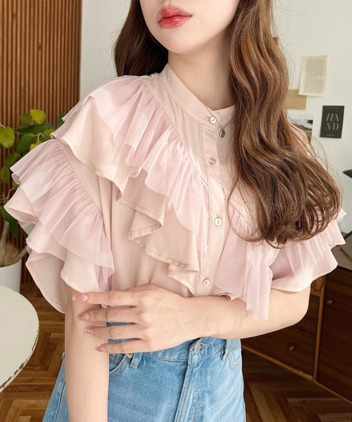 Moment+ Chiffon Georgette & Tulle Double Frill Short Sleeve Blouse | Elegant & Feminine | 5 Pastel & Classic Colors