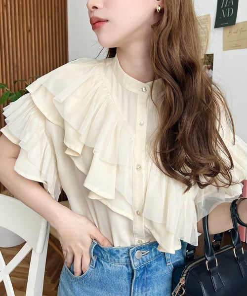 Moment+ Chiffon Georgette & Tulle Double Frill Short Sleeve Blouse | Elegant & Feminine | 5 Pastel & Classic Colors