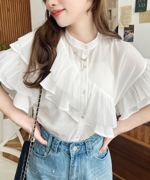 Moment+ Chiffon Georgette & Tulle Double Frill Short Sleeve Blouse | Elegant & Feminine | 5 Pastel & Classic Colors