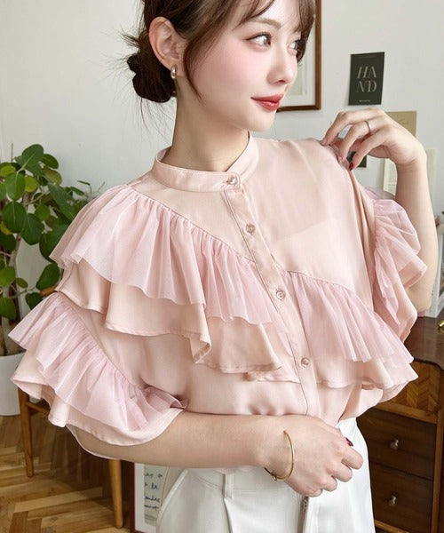 Moment+ Chiffon Georgette & Tulle Double Frill Short Sleeve Blouse | Elegant & Feminine | 5 Pastel & Classic Colors