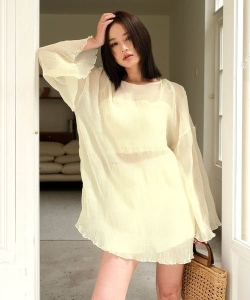 OSYAREVO 4-Piece Swimsuit Set – Sheer Cover-Up, Shirred Bikini, and Body-Flattering Design