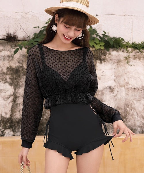 OSYAREVO Women’s One-Piece Swimsuit with Sheer Top | Side Lace-Up & Frill Design | CanCam Featured