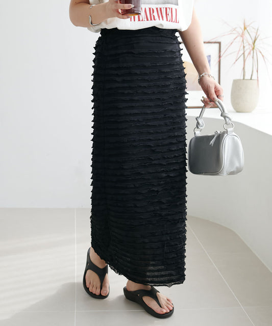 DISCOAT Frill Tiered Narrow Skirt Slimming I-Line Silhouette & Stress-Free Fit (Web Exclusive)