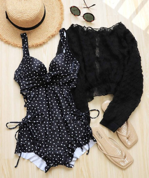 OSYAREVO Women’s One-Piece Swimsuit with Sheer Top | Side Lace-Up & Frill Design | CanCam Featured