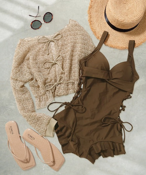 OSYAREVO Women’s One-Piece Swimsuit with Sheer Top | Side Lace-Up & Frill Design | CanCam Featured