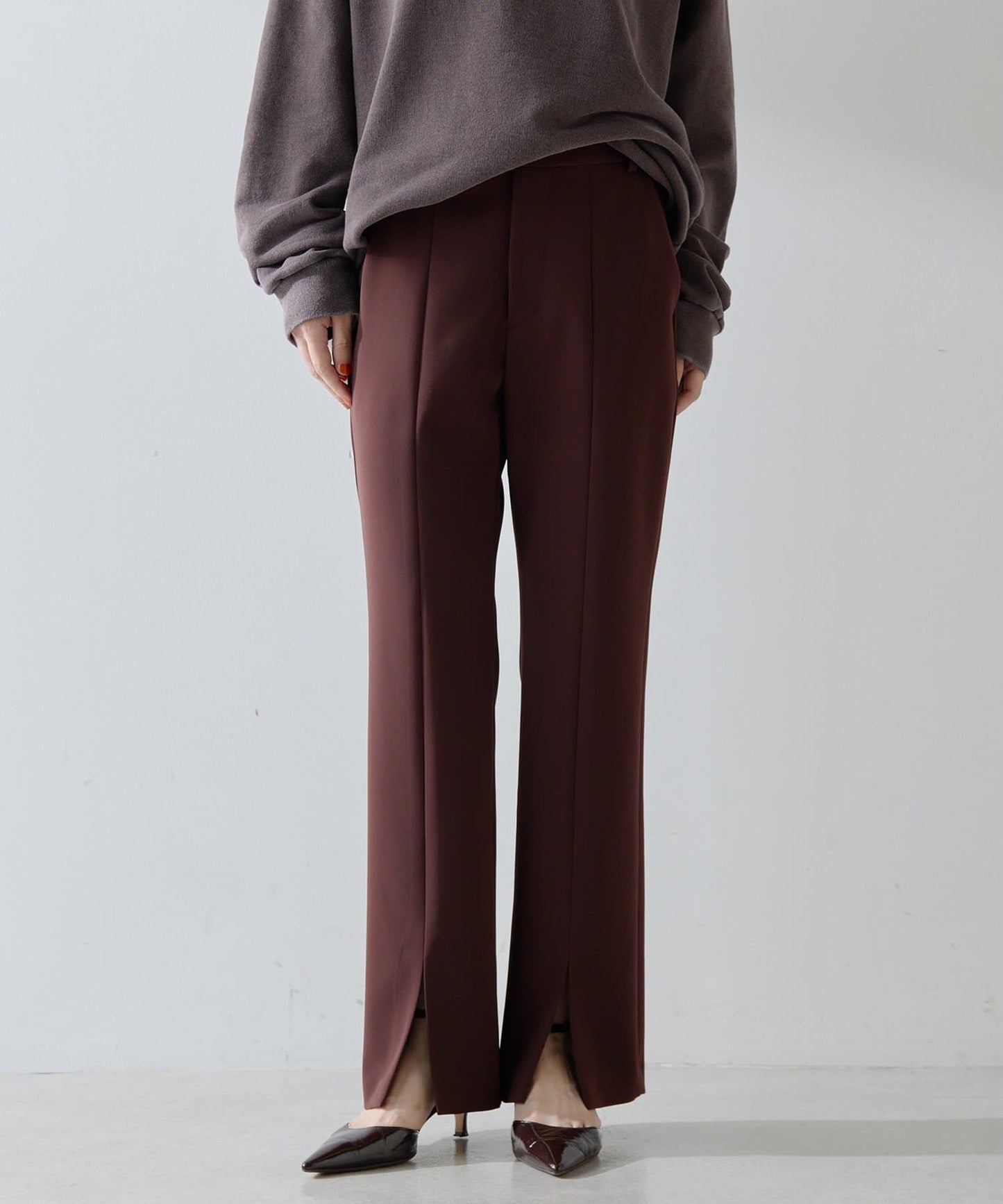 Whim Gazette Front Slit Pants | Elegant Slim Flare Trousers Made in Japan