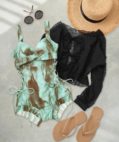 OSYAREVO Women’s One-Piece Swimsuit with Sheer Top | Side Lace-Up & Frill Design | CanCam Featured