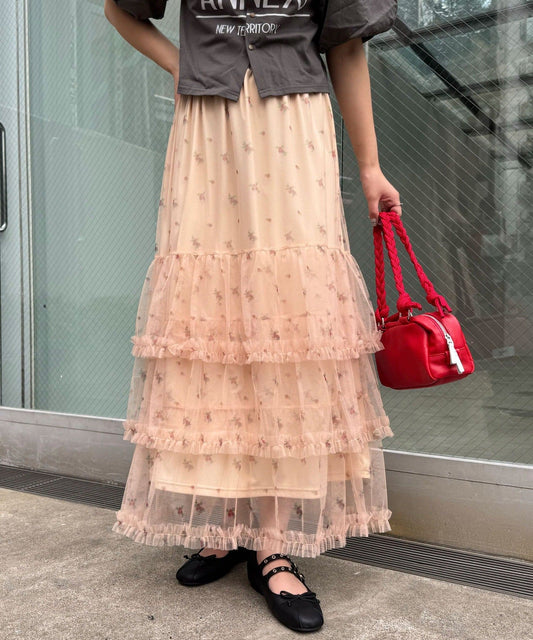 CIAOPANIC Tulle Frill Tiered Skirt Flowy Feminine Skirt with Sheer Layers