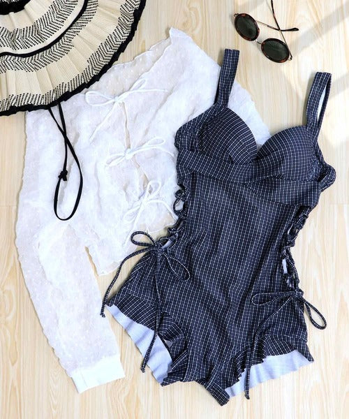 OSYAREVO Women’s One-Piece Swimsuit with Sheer Top | Side Lace-Up & Frill Design | CanCam Featured