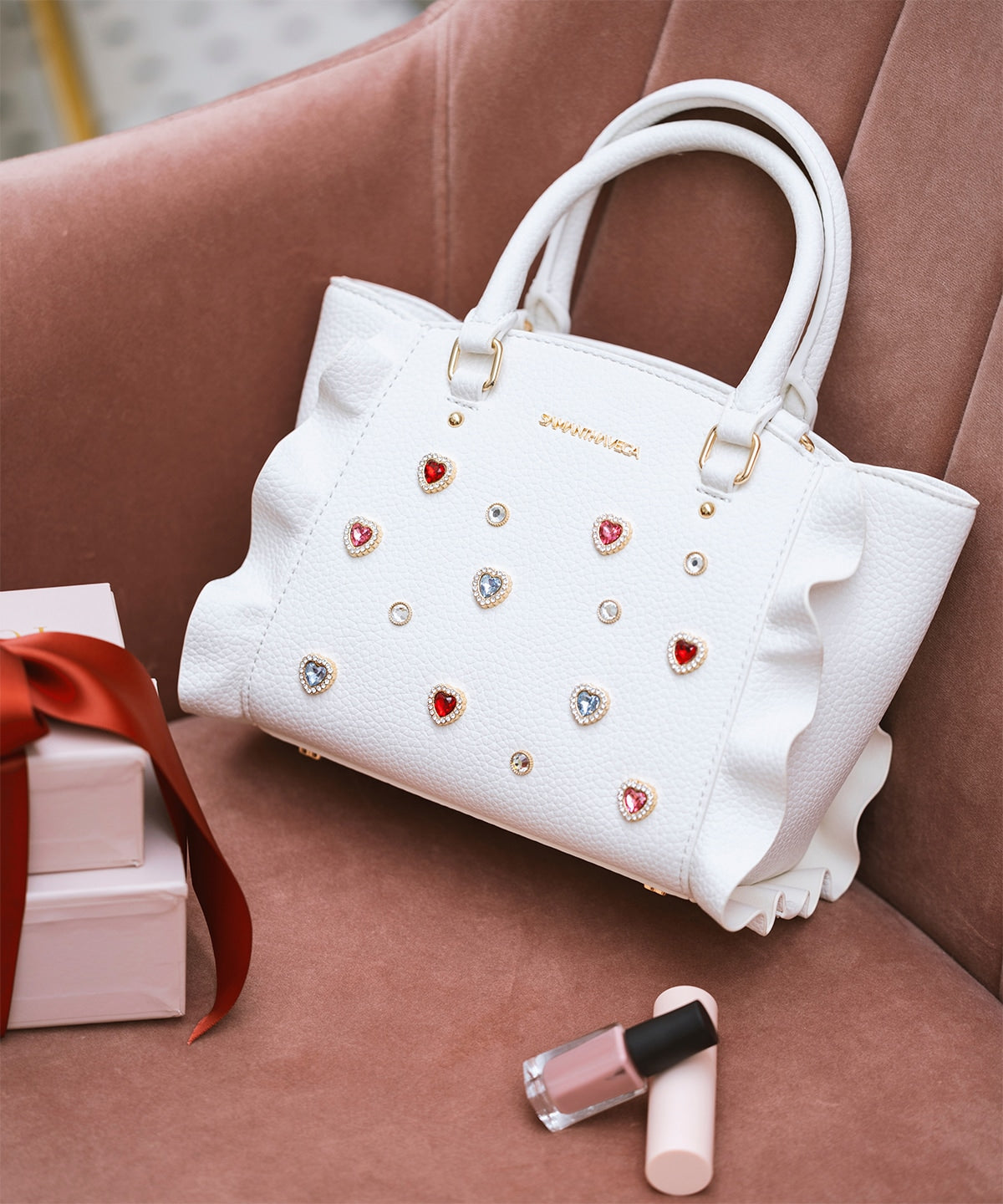 SAMANTHAVEGA Bijou Flutter Mini Bag | 2-Way Crossbody & Handbag with Jewel Heart Details