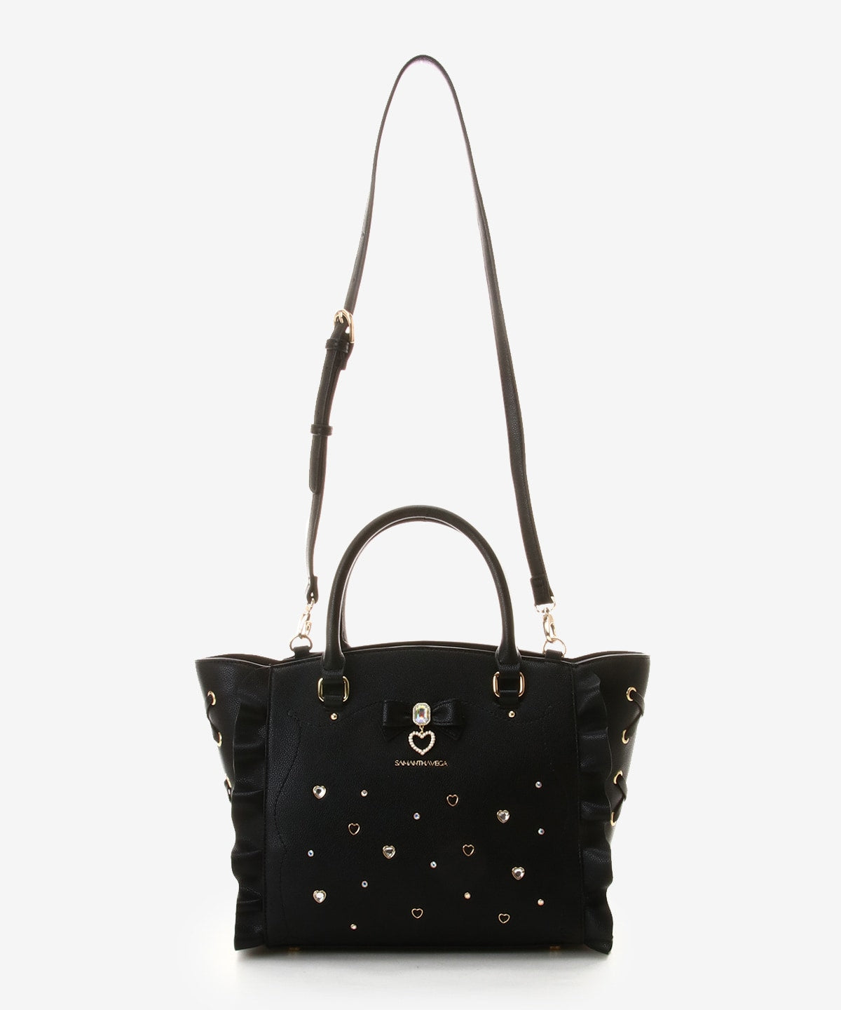 SAMANTHAVEGA Side Lace-Up Ribbon Bijou Flutter Bag | Luxury 2-Way Frill Handbag with Heart & Pearl Motifs
