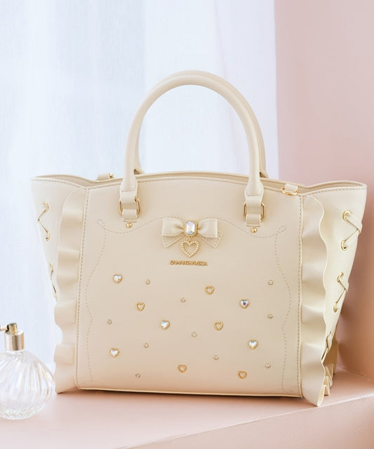 SAMANTHAVEGA Side Lace-Up Ribbon Bijou Flutter Bag | Luxury 2-Way Frill Handbag with Heart & Pearl Motifs