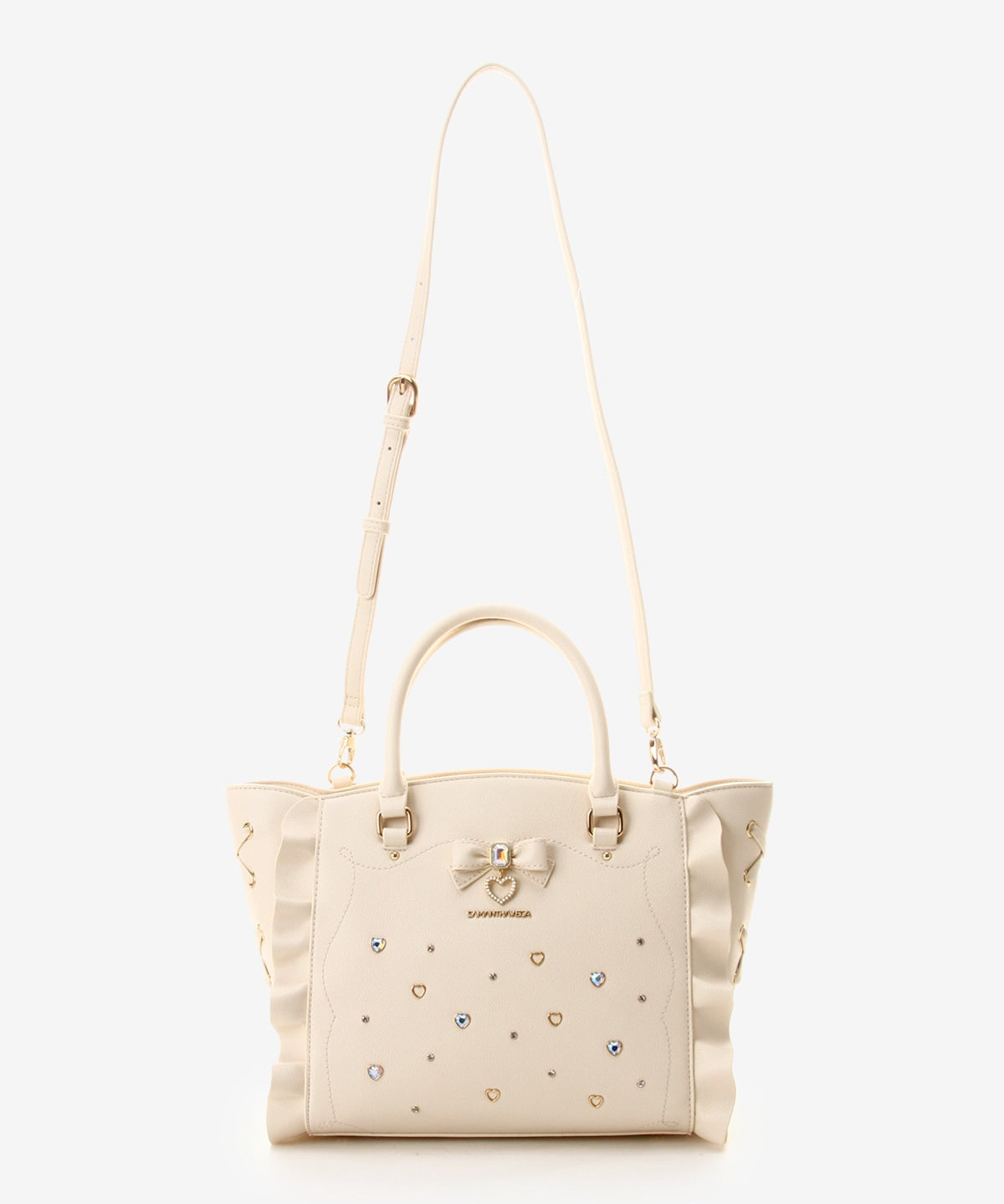 SAMANTHAVEGA Side Lace-Up Ribbon Bijou Flutter Bag | Luxury 2-Way Frill Handbag with Heart & Pearl Motifs