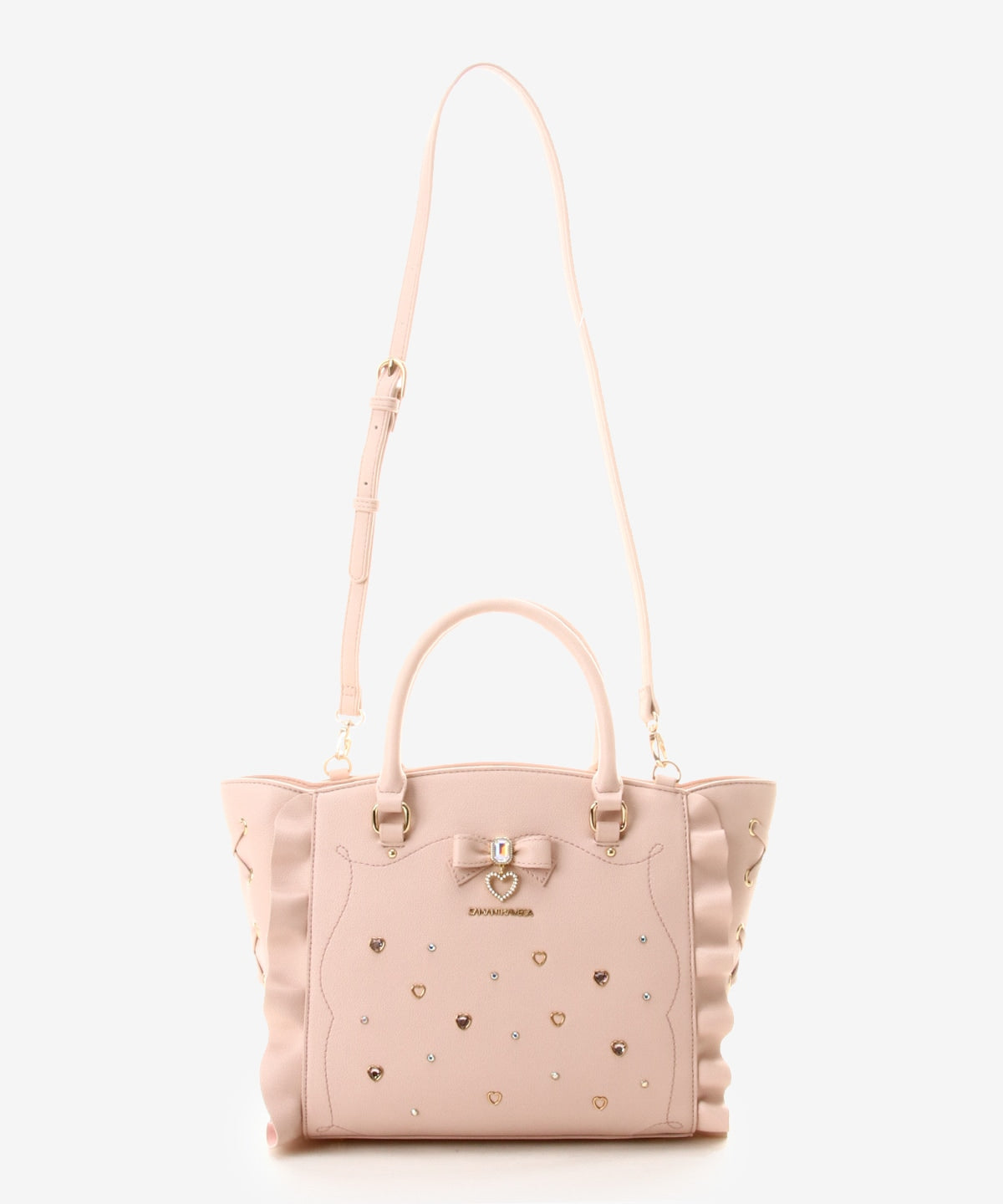 SAMANTHAVEGA Side Lace-Up Ribbon Bijou Flutter Bag | Luxury 2-Way Frill Handbag with Heart & Pearl Motifs