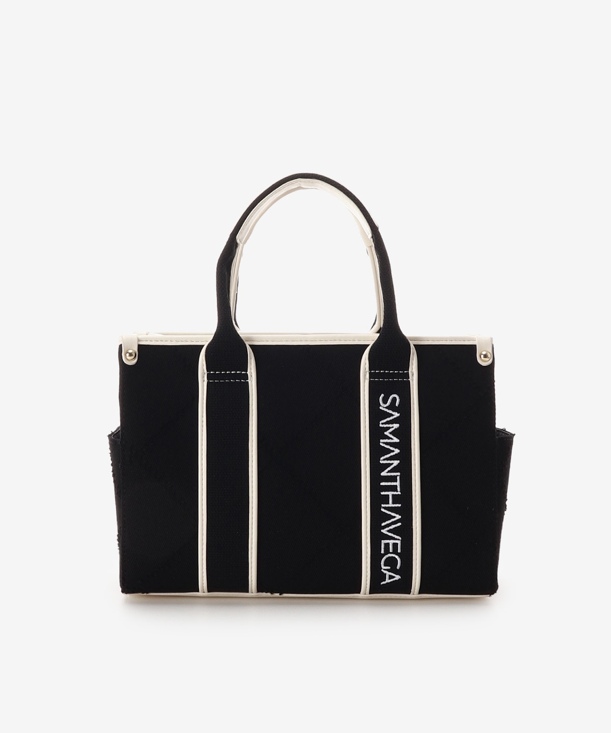 SAMANTHAVEGA Logo Tape Denim-Style Tote (Small) | 2-Way Box Tote with Fringe Accent