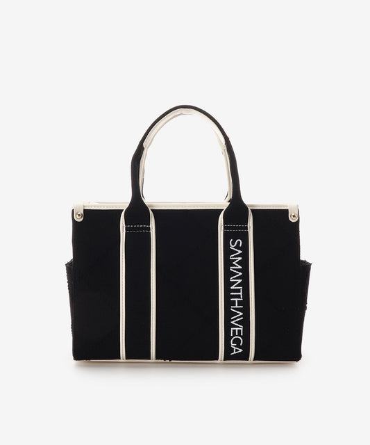 SAMANTHAVEGA Logo Tape Denim-Style Tote (Small) | 2-Way Box Tote with Fringe Accent