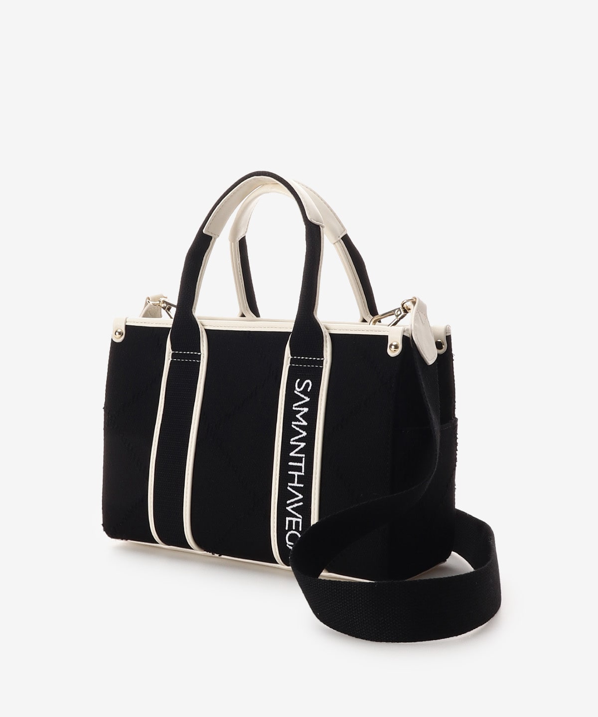 SAMANTHAVEGA Logo Tape Denim-Style Tote (Small) | 2-Way Box Tote with Fringe Accent