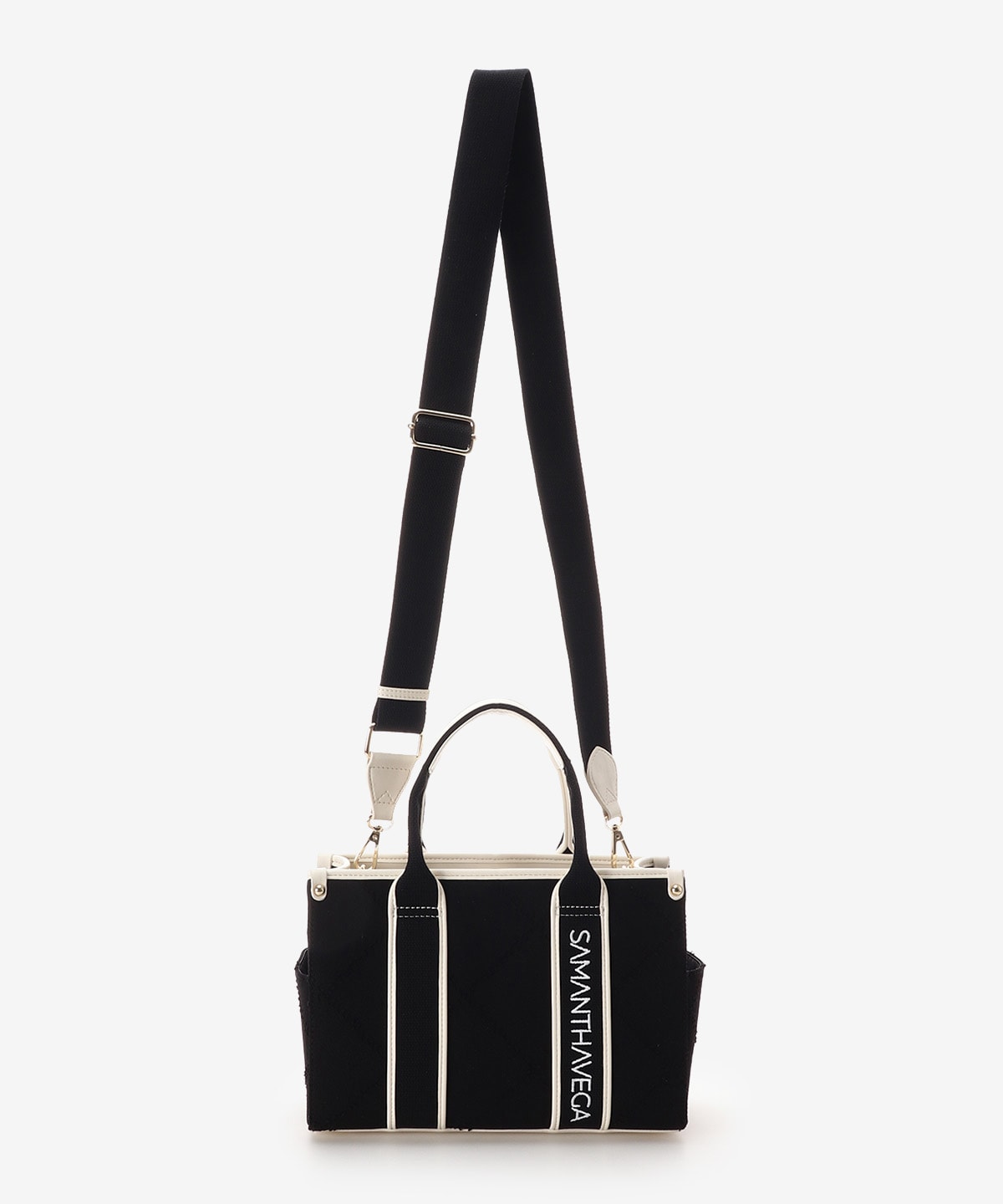 SAMANTHAVEGA Logo Tape Denim-Style Tote (Small) | 2-Way Box Tote with Fringe Accent