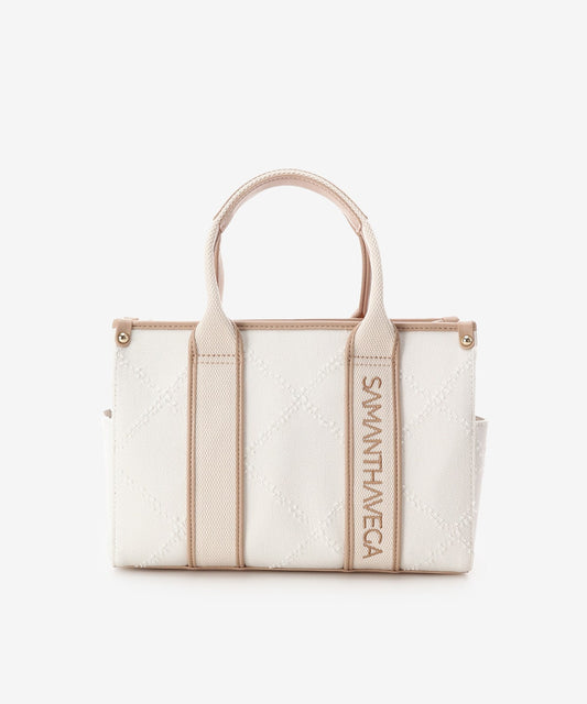 SAMANTHAVEGA Logo Tape Denim-Style Tote (Small) | 2-Way Box Tote with Fringe Accent