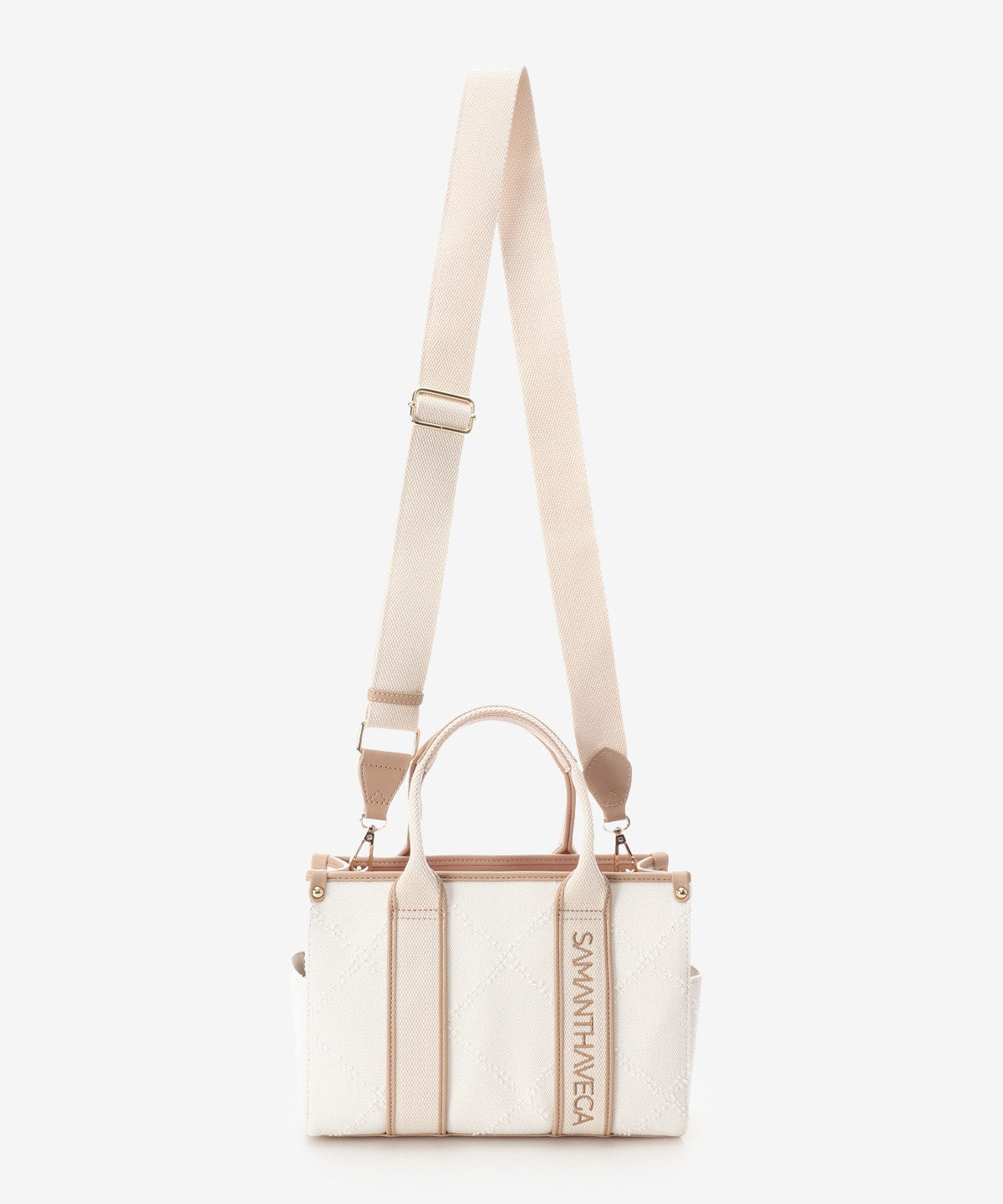 SAMANTHAVEGA Logo Tape Denim-Style Tote (Small) | 2-Way Box Tote with Fringe Accent
