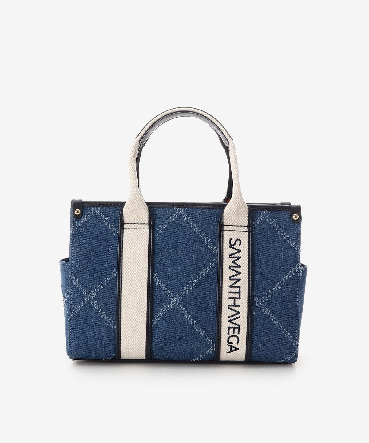 SAMANTHAVEGA Logo Tape Denim-Style Tote (Small) | 2-Way Box Tote with Fringe Accent