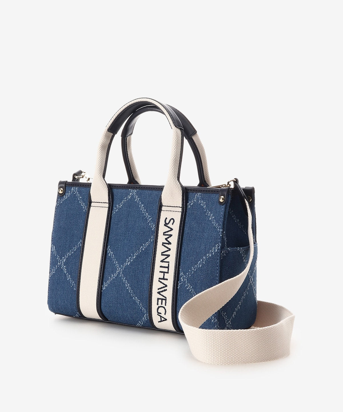 SAMANTHAVEGA Logo Tape Denim-Style Tote (Small) | 2-Way Box Tote with Fringe Accent