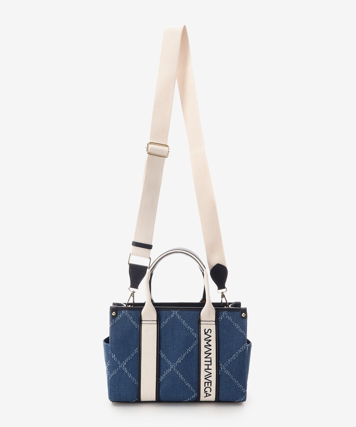 SAMANTHAVEGA Logo Tape Denim-Style Tote (Small) | 2-Way Box Tote with Fringe Accent