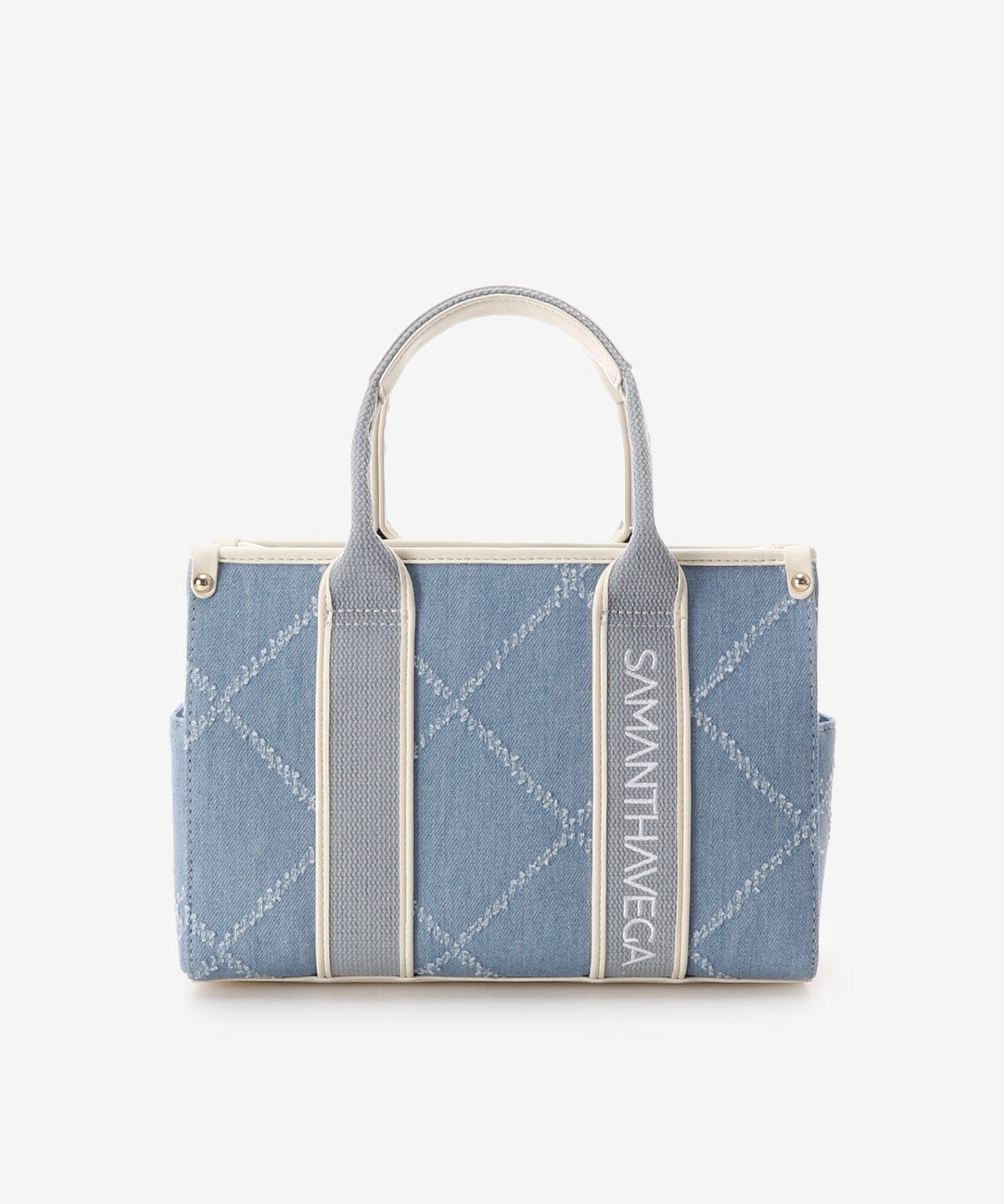 SAMANTHAVEGA Logo Tape Denim-Style Tote (Small) | 2-Way Box Tote with Fringe Accent