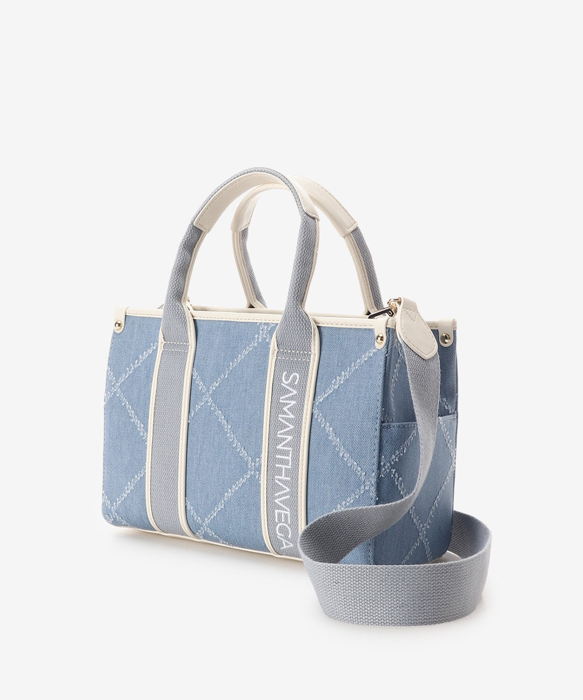 SAMANTHAVEGA Logo Tape Denim-Style Tote (Small) | 2-Way Box Tote with Fringe Accent