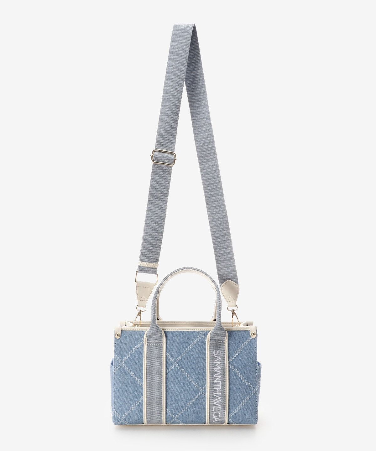 SAMANTHAVEGA Logo Tape Denim-Style Tote (Small) | 2-Way Box Tote with Fringe Accent