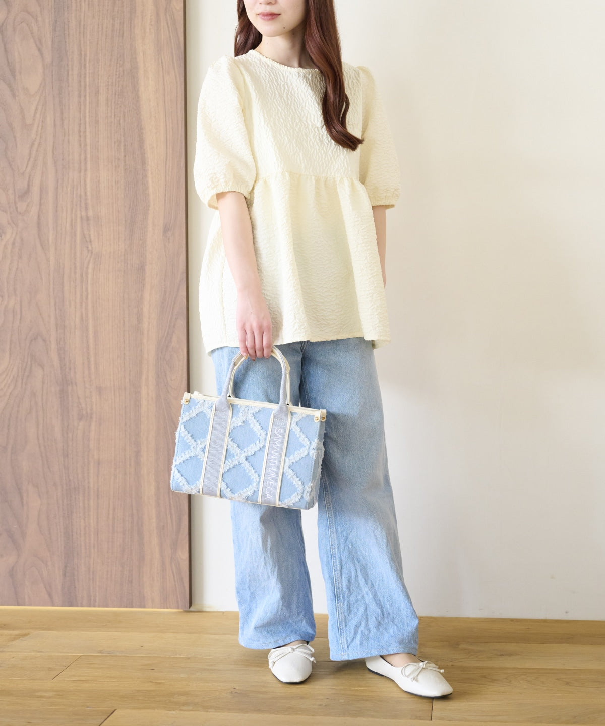 SAMANTHAVEGA Logo Tape Denim-Style Tote (Small) | 2-Way Box Tote with Fringe Accent