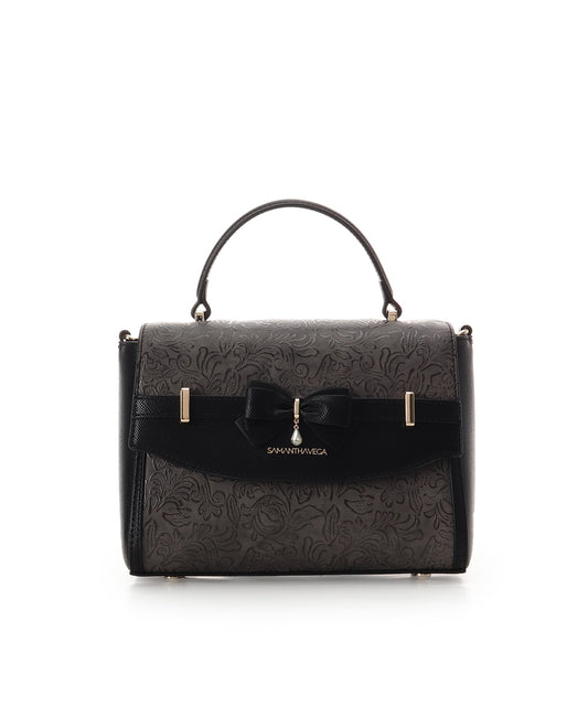 SAMANTHAVEGA Floral Accent Ribbon Shoulder Bag  Elegant Embossed Flower Design & 2-Way Style