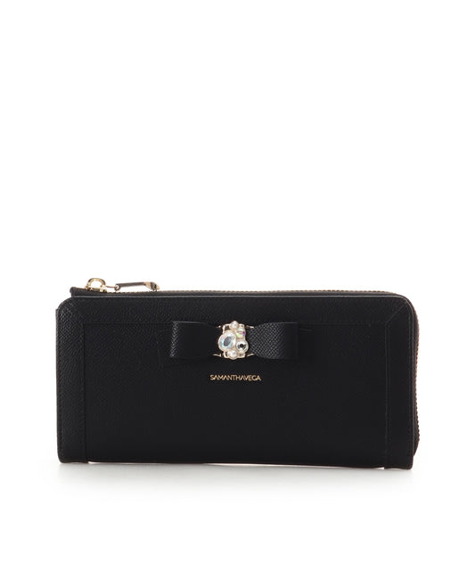 SAMANTHAVEGA Jewel Ribbon Long Wallet | Elegant L-Zip with Bijou Accent