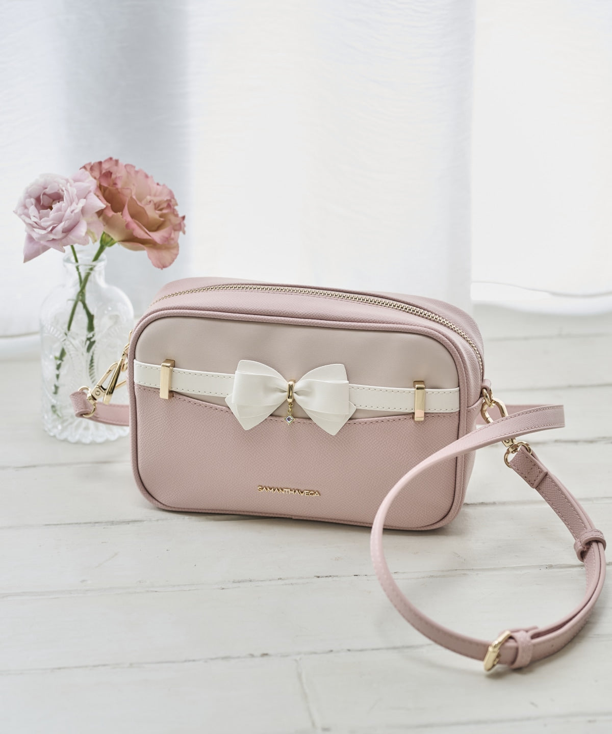 SAMANTHAVEGA Bicolor Accent Ribbon Mini Shoulder Bag  Adjustable Crossbody with Elegant Ribbon Charm