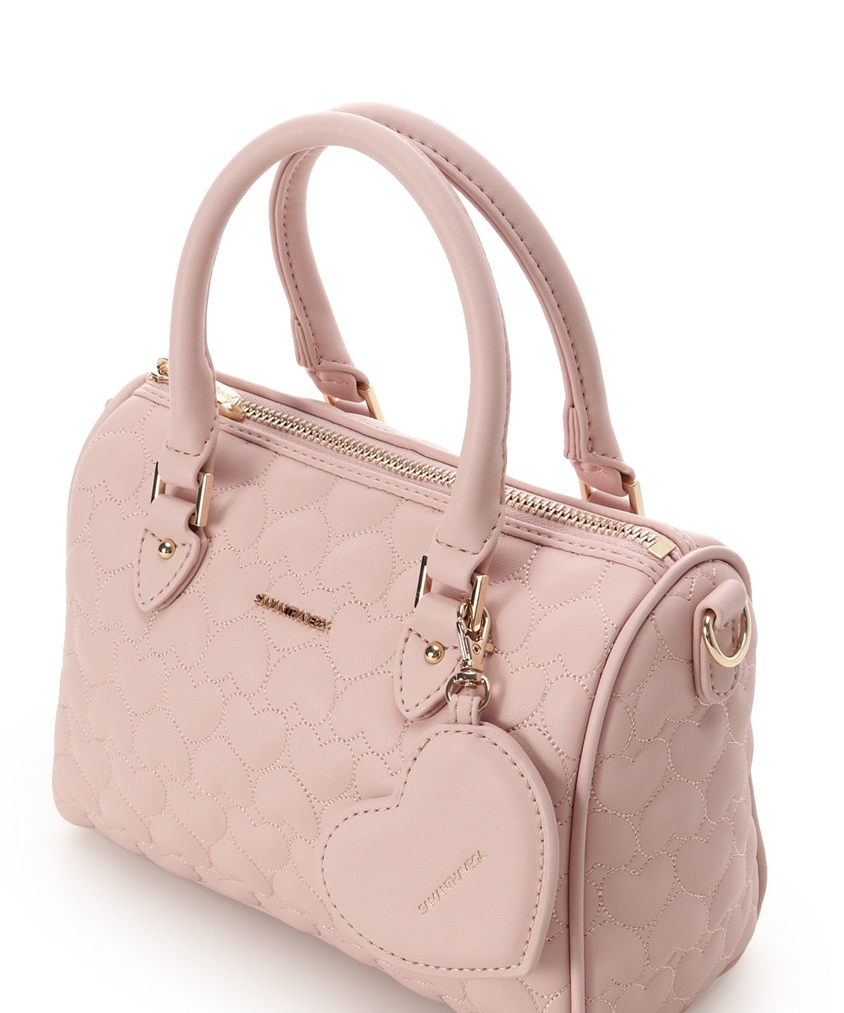 SAMANTHAVEGA Eternal Heart Quilted Boston Bag | 2-Way Handbag with Detachable Mirror
