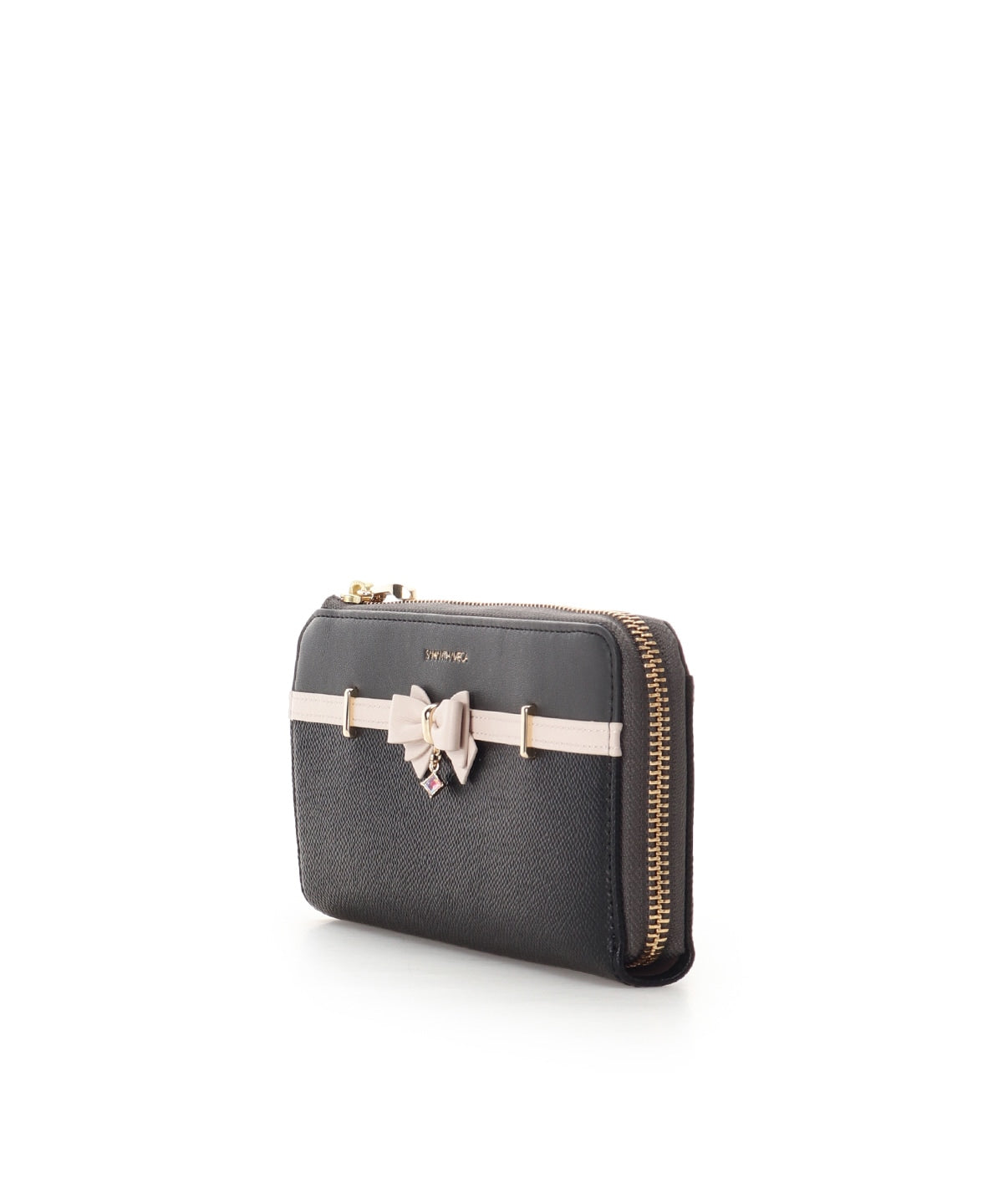 SAMANTHAVEGA Bicolor Accent Ribbon Long Wallet | Elegant Zip-Around with Ribbon & Stone Charm