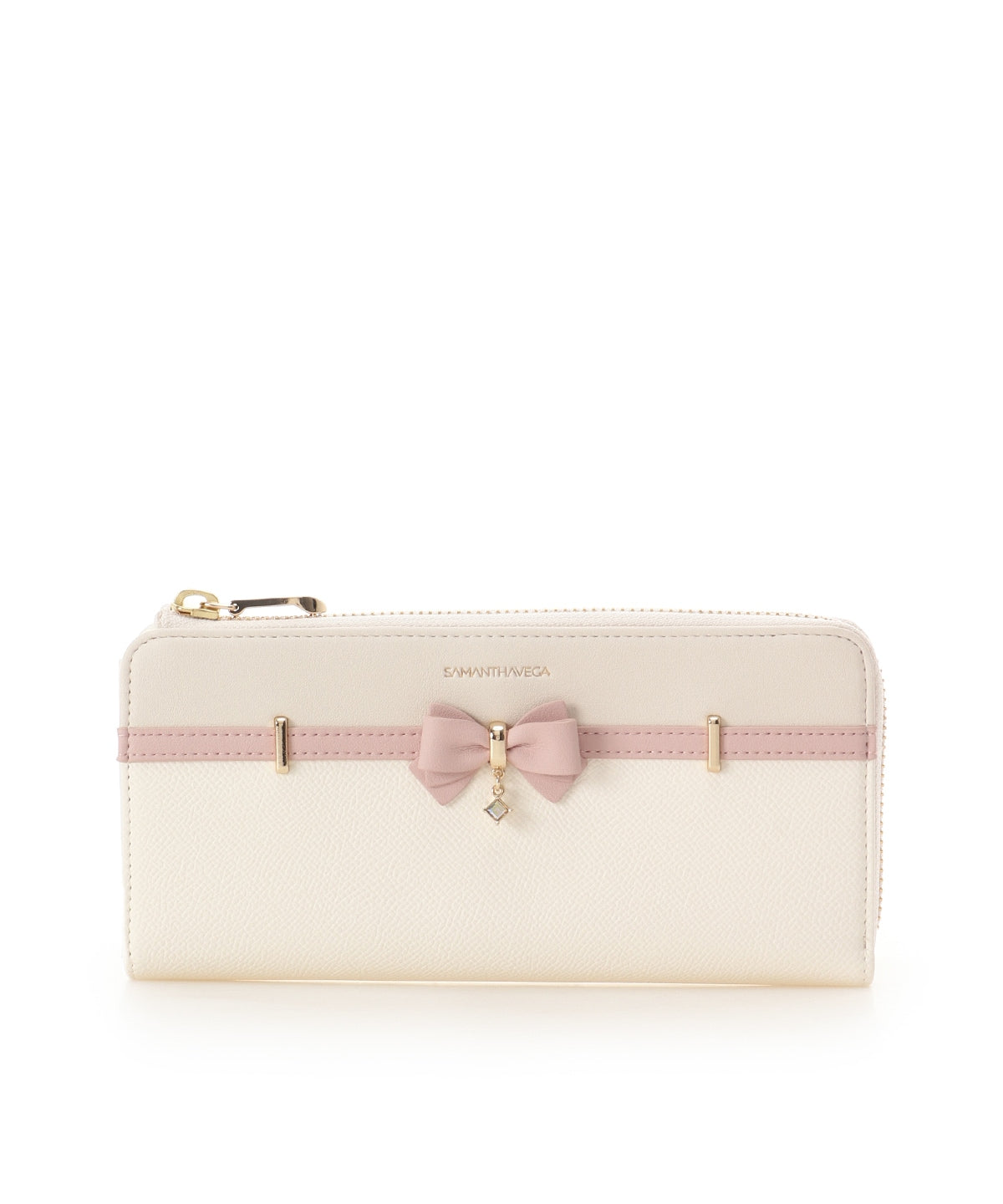SAMANTHAVEGA Bicolor Accent Ribbon Long Wallet | Elegant Zip-Around with Ribbon & Stone Charm