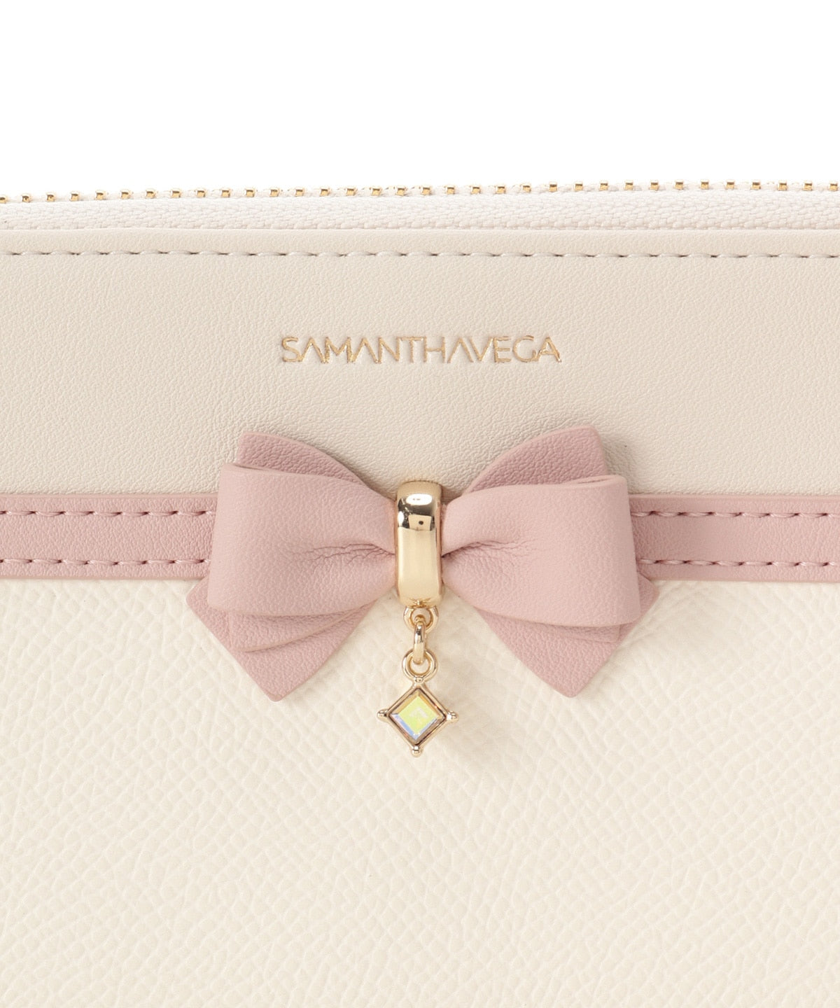 SAMANTHAVEGA Bicolor Accent Ribbon Long Wallet | Elegant Zip-Around with Ribbon & Stone Charm
