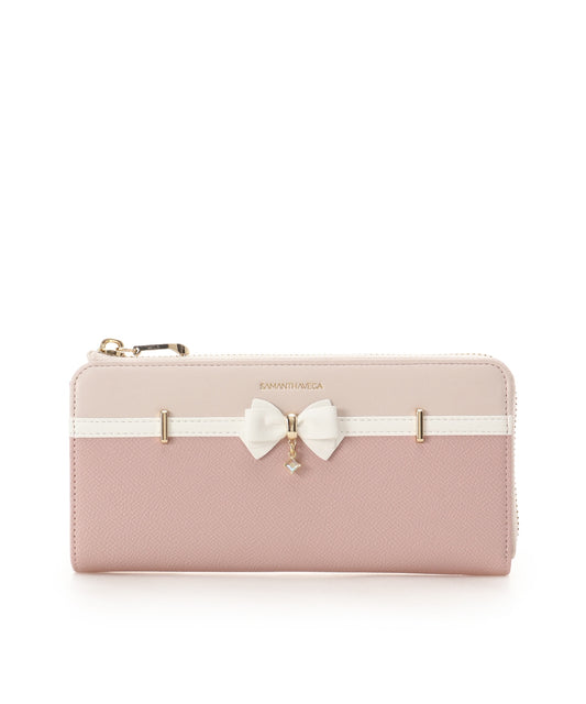 SAMANTHAVEGA Bicolor Accent Ribbon Long Wallet | Elegant Zip-Around with Ribbon & Stone Charm