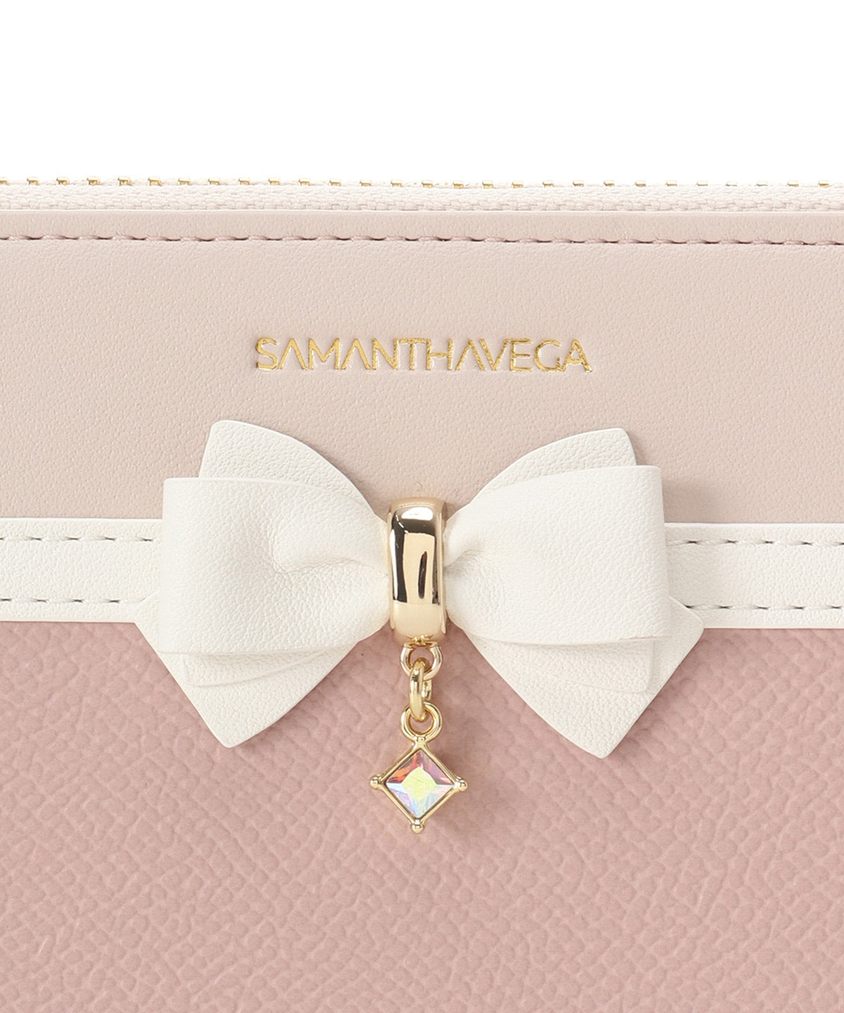SAMANTHAVEGA Bicolor Accent Ribbon Long Wallet | Elegant Zip-Around with Ribbon & Stone Charm