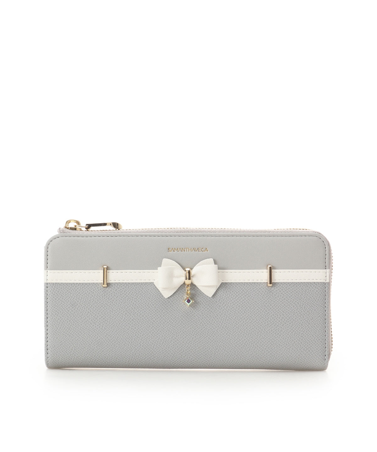 SAMANTHAVEGA Bicolor Accent Ribbon Long Wallet | Elegant Zip-Around with Ribbon & Stone Charm