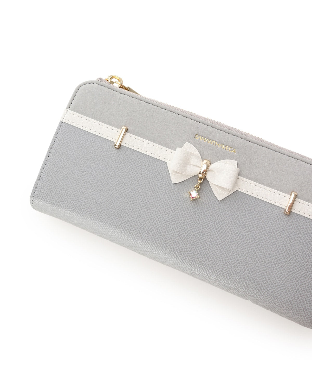 SAMANTHAVEGA Bicolor Accent Ribbon Long Wallet | Elegant Zip-Around with Ribbon & Stone Charm