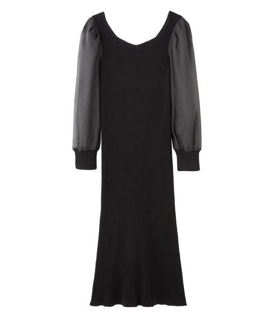 Sheer Puff Sleeve Docking Knit Dress  Elegant Bodycon Silhouette with Feminine Sheer Sleeves