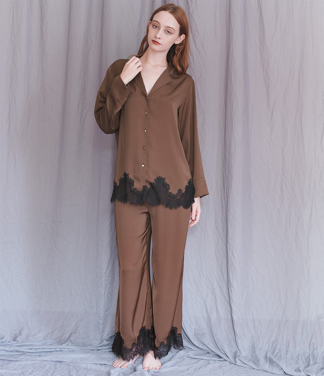 Charme Lace Satin Shirt Pajamas  Luxurious Satin & Eyelash Lace Elegance