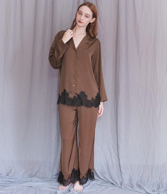 Charme Lace Satin Shirt Pajamas  Luxurious Satin & Eyelash Lace Elegance