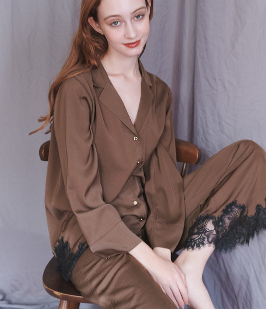 Charme Lace Satin Shirt Pajamas  Luxurious Satin & Eyelash Lace Elegance
