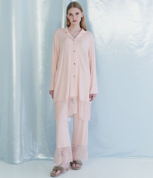 Bloom Lace Shirt Pajamas  Wide Lace & Silky Rayon Comfort
