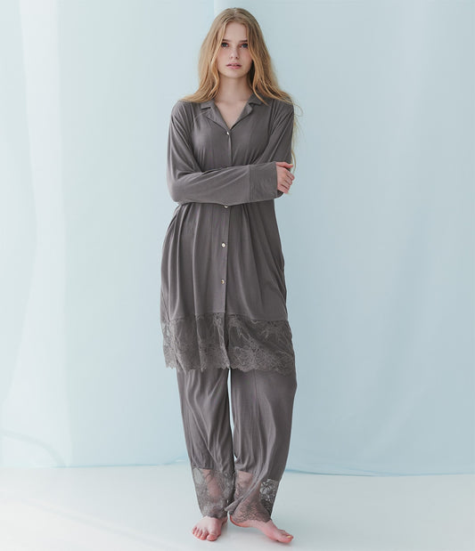 Bloom Lace Shirt Pajamas  Wide Lace & Silky Rayon Comfort