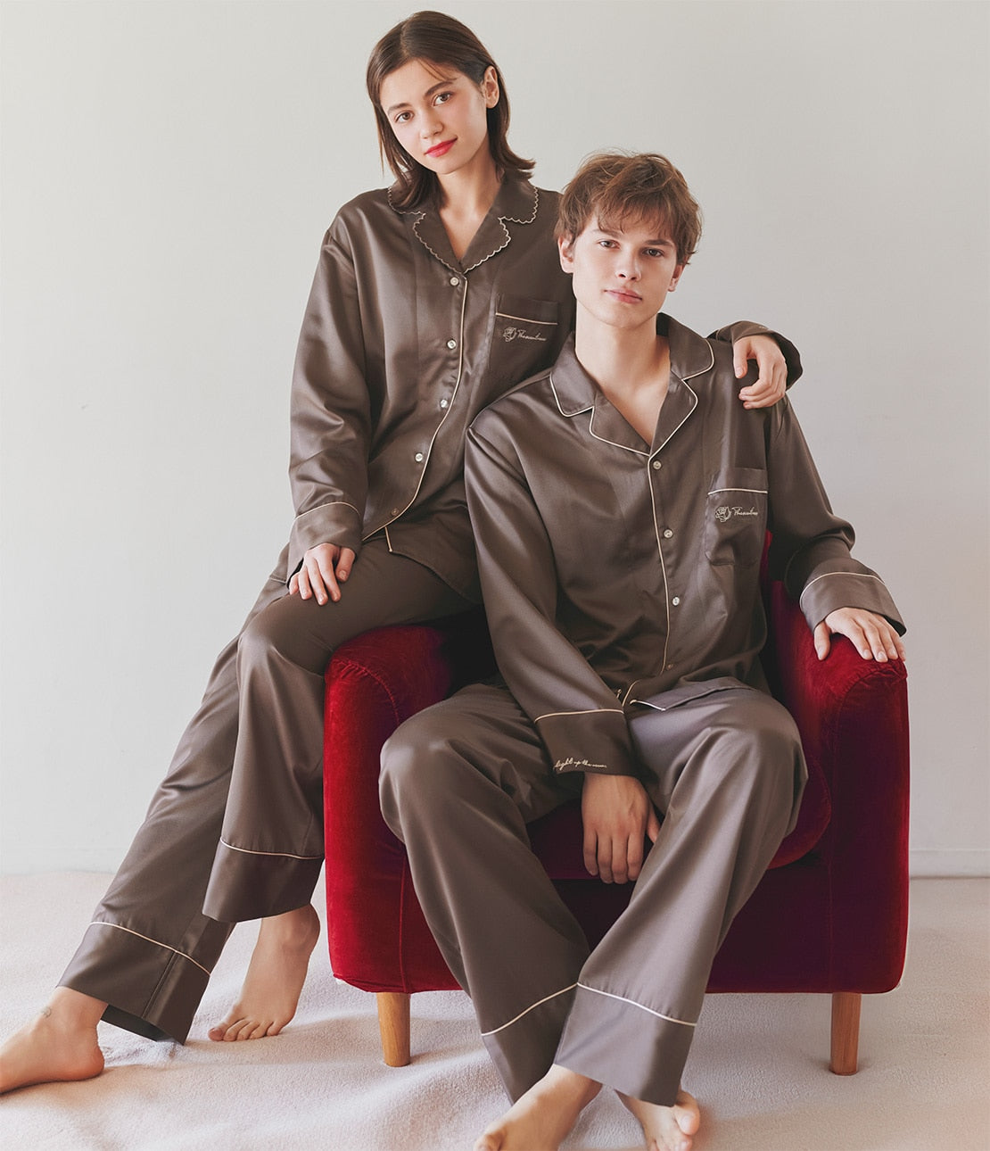 Brushed Satin Shirt Pajama Set | Cozy Winter Loungewear with Embroidered Messages