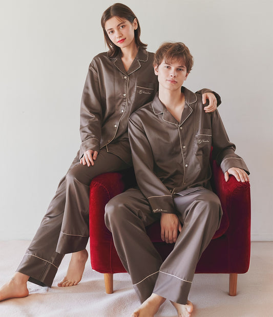 Brushed Satin Shirt Pajama Set | Cozy Winter Loungewear with Embroidered Messages